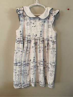 Nantucket Kids Nautical Print Peter Pan Collar Girls' Dress - White & Navy